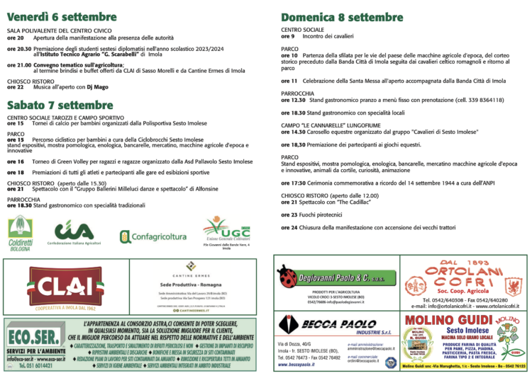 Programma Completo Festa dell’Agricoltura di Sesto Imolese  6-7-8- Settembre 2024